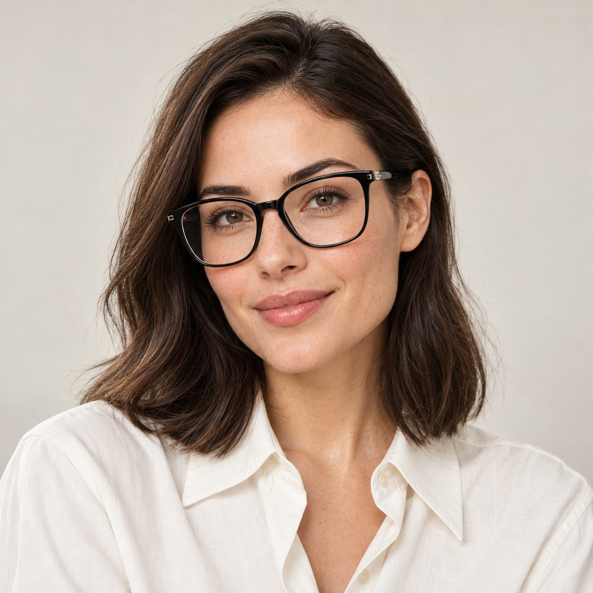 ქალი შავი ჩარჩოს სათვალით — OpticOn-ის ფასდაკლებული პროდუქციის კოლექციის გარეკანი